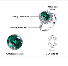 JewPalace Princess Diana Simulated Emerald Ring 925 Sterling Silver Rings for Women Engagement Ring Silver 925 Gemstones Jewelry
